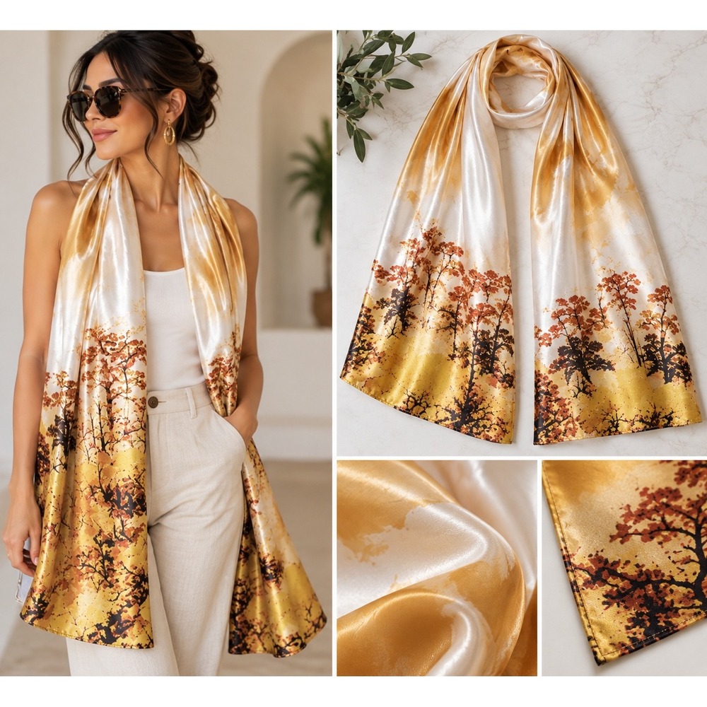 Scenic Landscape Satin Scarf Wrap Gold Ivory Asian Inspired 21x64